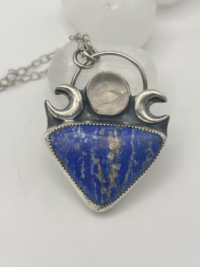Sterling Silver Triple Moon Goddess Pendant with Lapis Lazuli and Clear Quartz