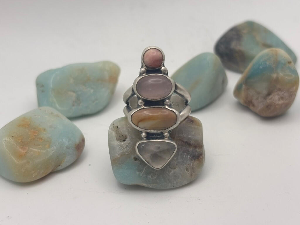 Sterling Silver Rhodochrosite, Desert Jasper, Rose Quartz, and Clear Quartz Ring