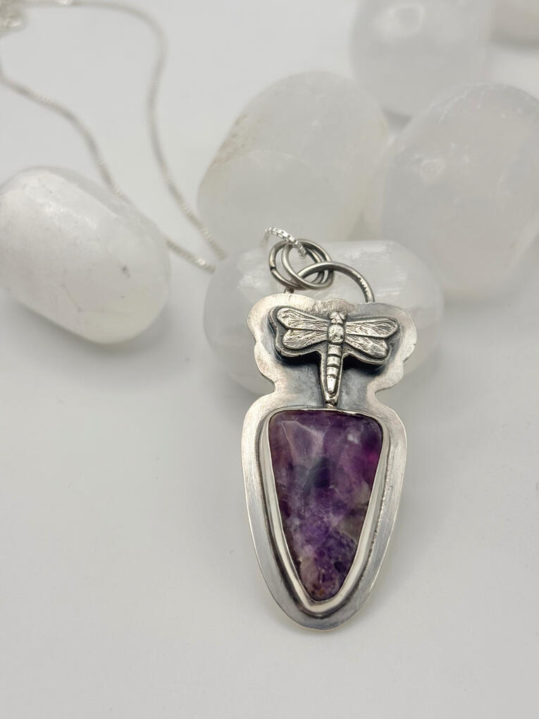 Sterling Silver Dragonfly and Purple Fluorite Pendant