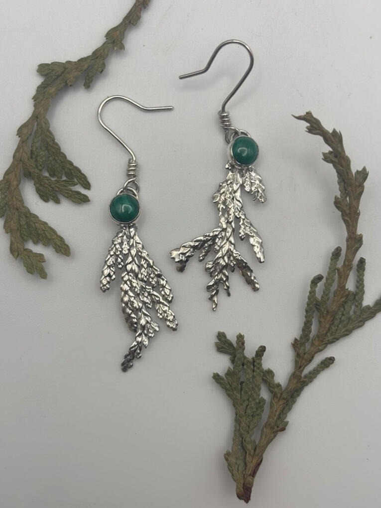 Fine Silver Lost-Wax Cast Cedar Earrings with Malachite and Sterling Silver Ear Wire