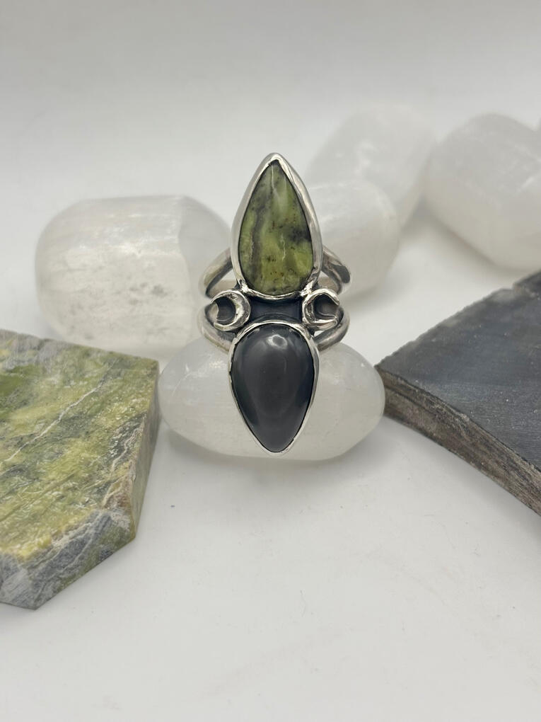 Sterling Silver Obsidian and Serpentine Ring
