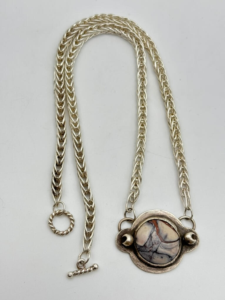 Sterling Silver Porcelain Jasper Pendant with Crescent Moons and Fine Silver Double Loop-in-Loop Chain
