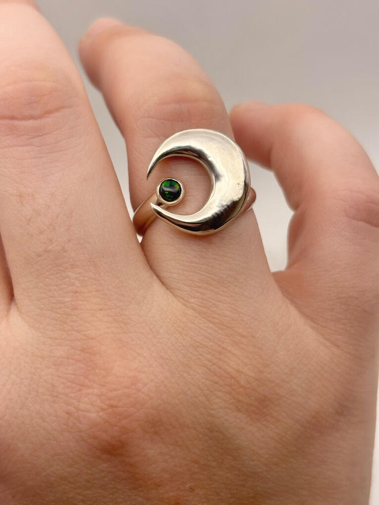 Sterling Silver Crescent Moon and Black Kyocera Opal Ring