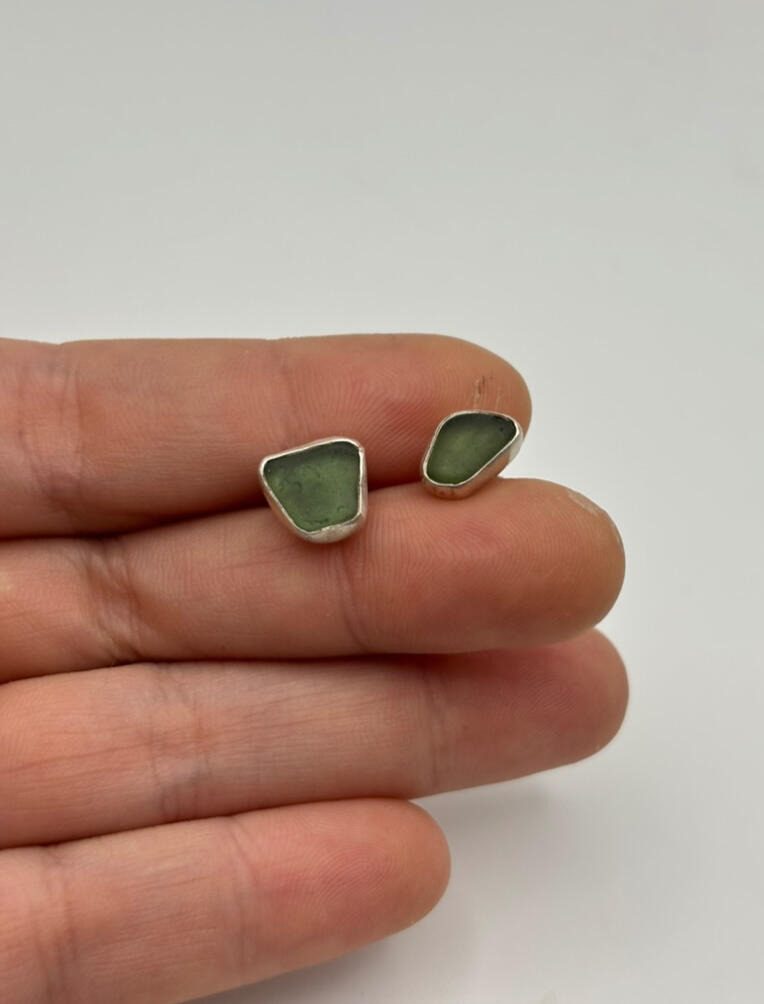 Sterling Silver Green Sea Glass Studs