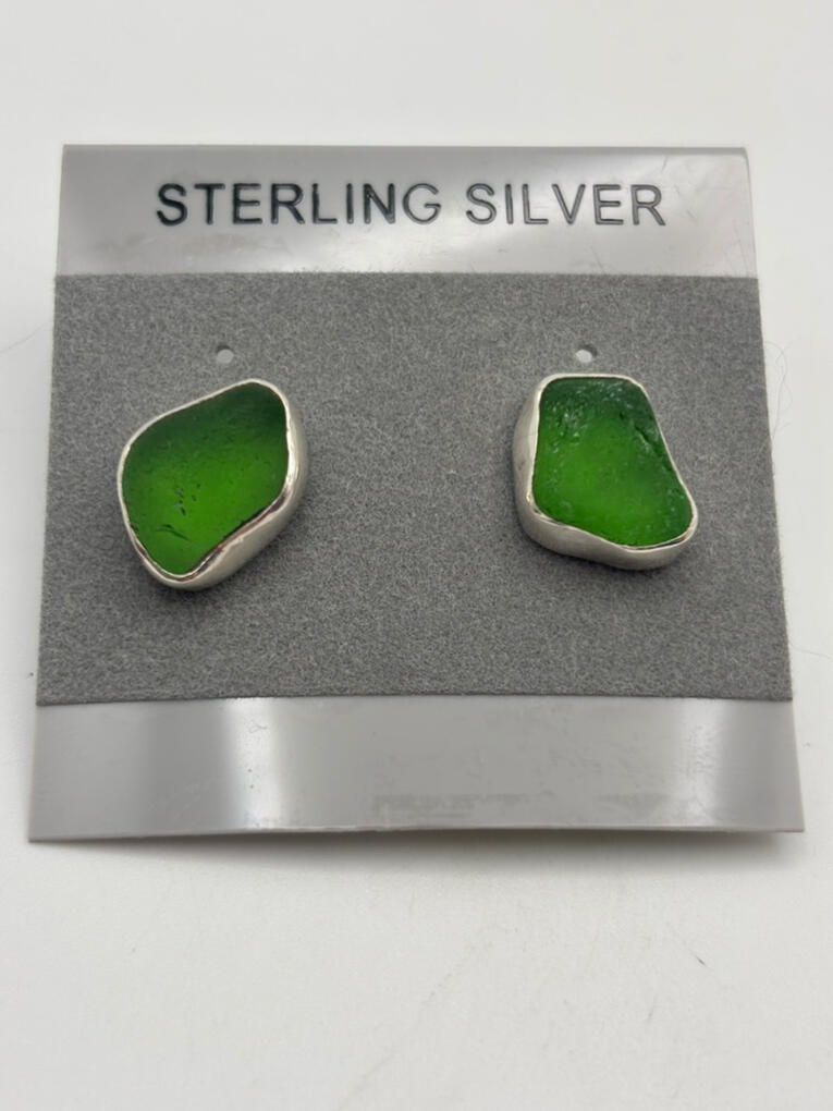 Sterling Silver Green California Sea Glass Studs