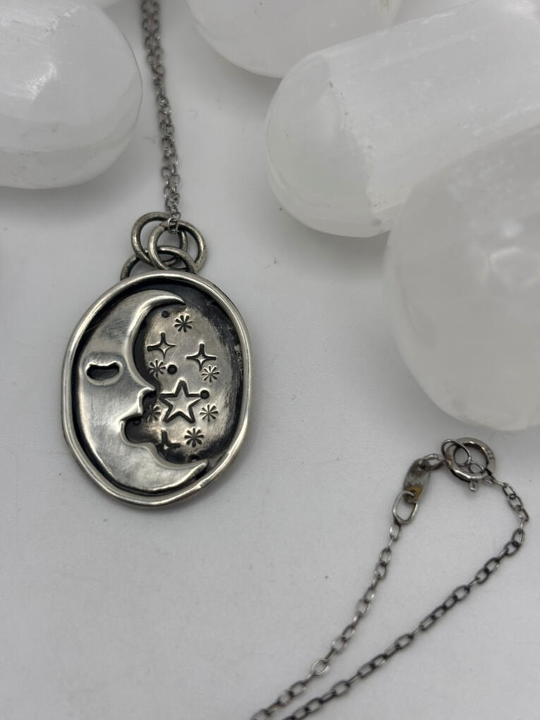 Stamped Sterling Silver Crescent Moon Pendant