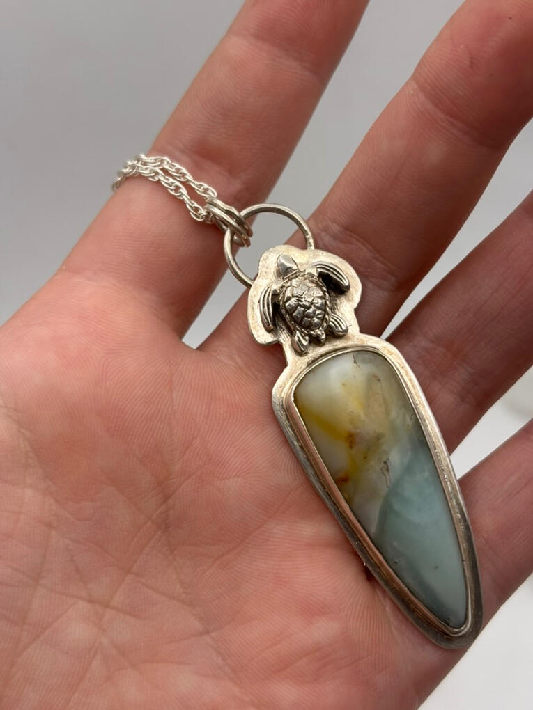 Sterling Silver Sea Turtle and BC Ocean Picture Stone Pendant