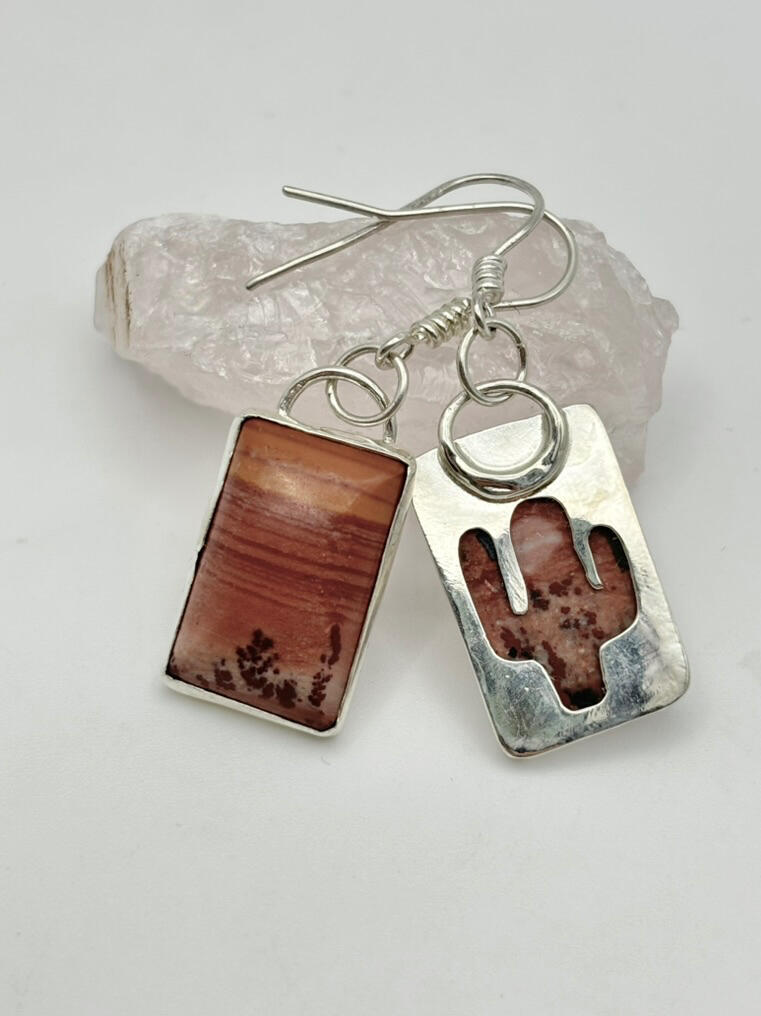 Sterling Silver Red/Yellow Jasper Earrings with Cactus Cut-Out