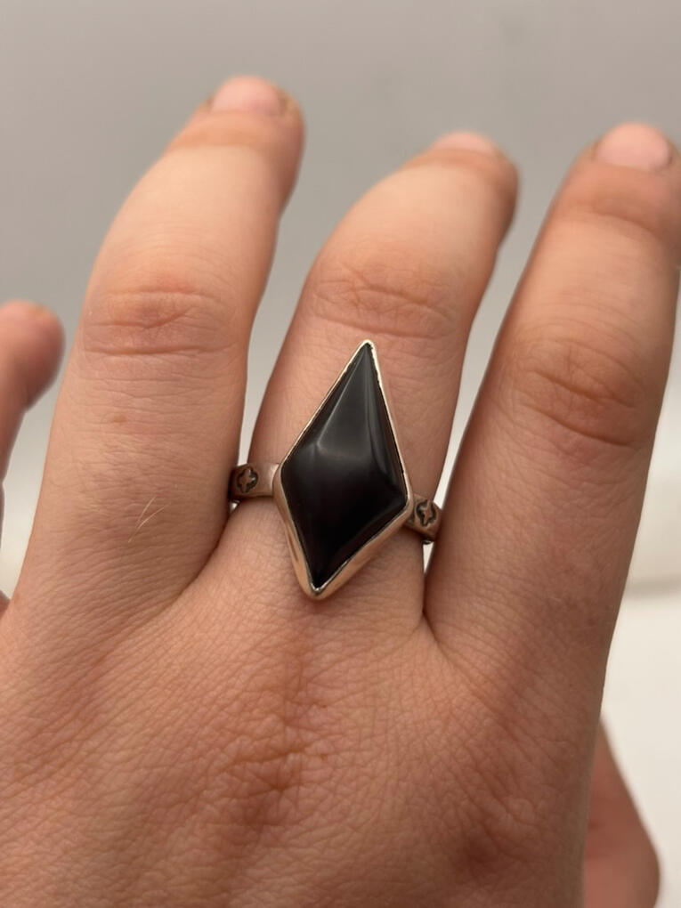 Sterling Silver Obsidian Ring with Stamped Band