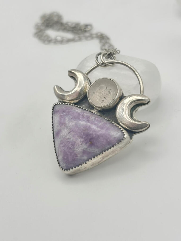 Sterling Silver Triple Moon Goddess Pendant with Clear Quartz and Lepidolite