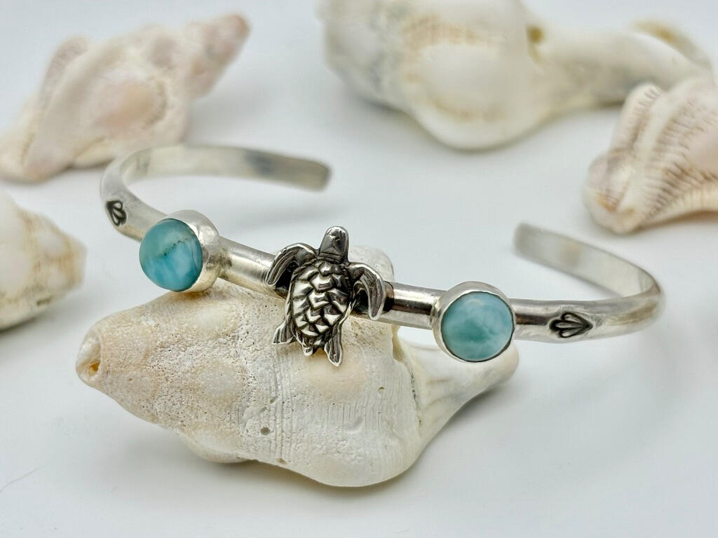Stamped Sterling Silver Sea Turtle and Larimar Cuff Bracelet
