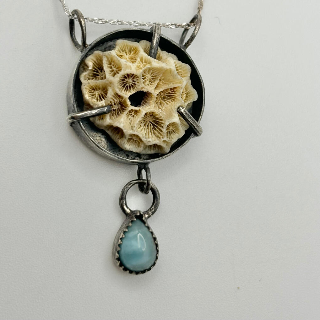Sterling Silver Larimar and Coral Pendant