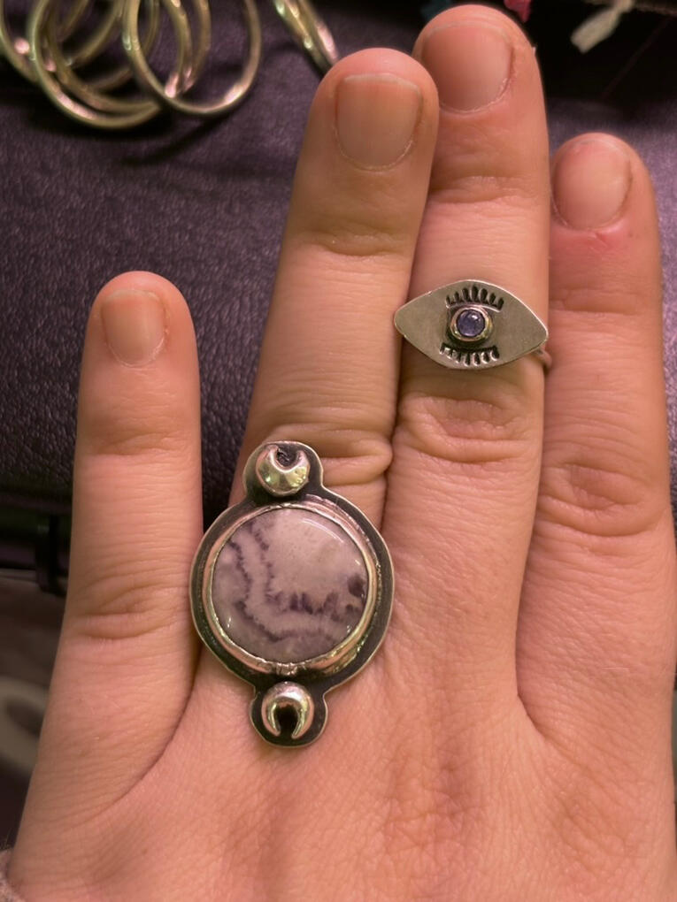Sterling Silver Amethyst with Crescent Moons Ring and Sterling Silver Blue Kyanite Eye Ring