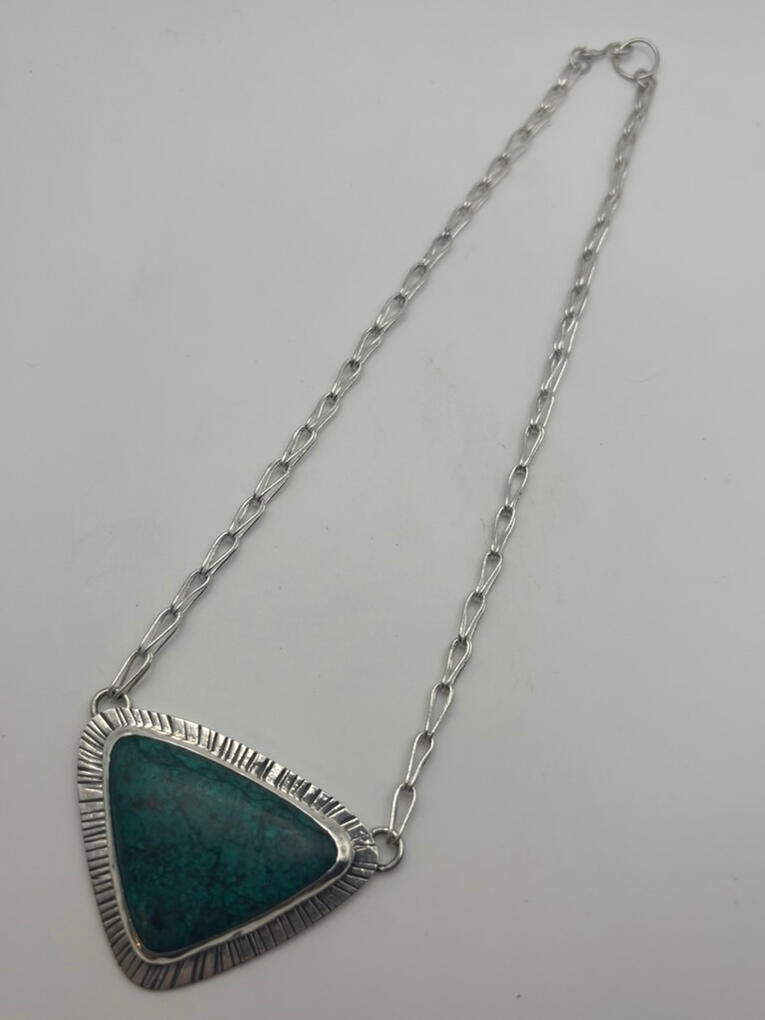 Stamped Sterling Silver Chrysocolla Pendant with Fine Silver Single Loop-in-Loop Chain