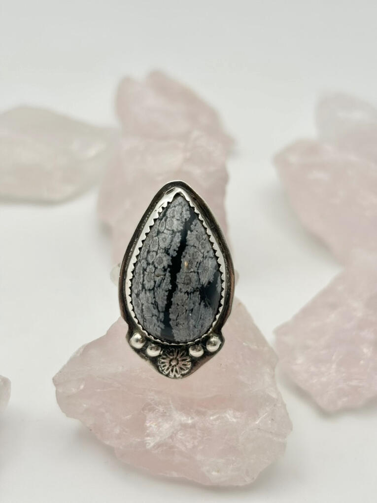 Sterling Silver Snowflake Obsidian Ring with Flower