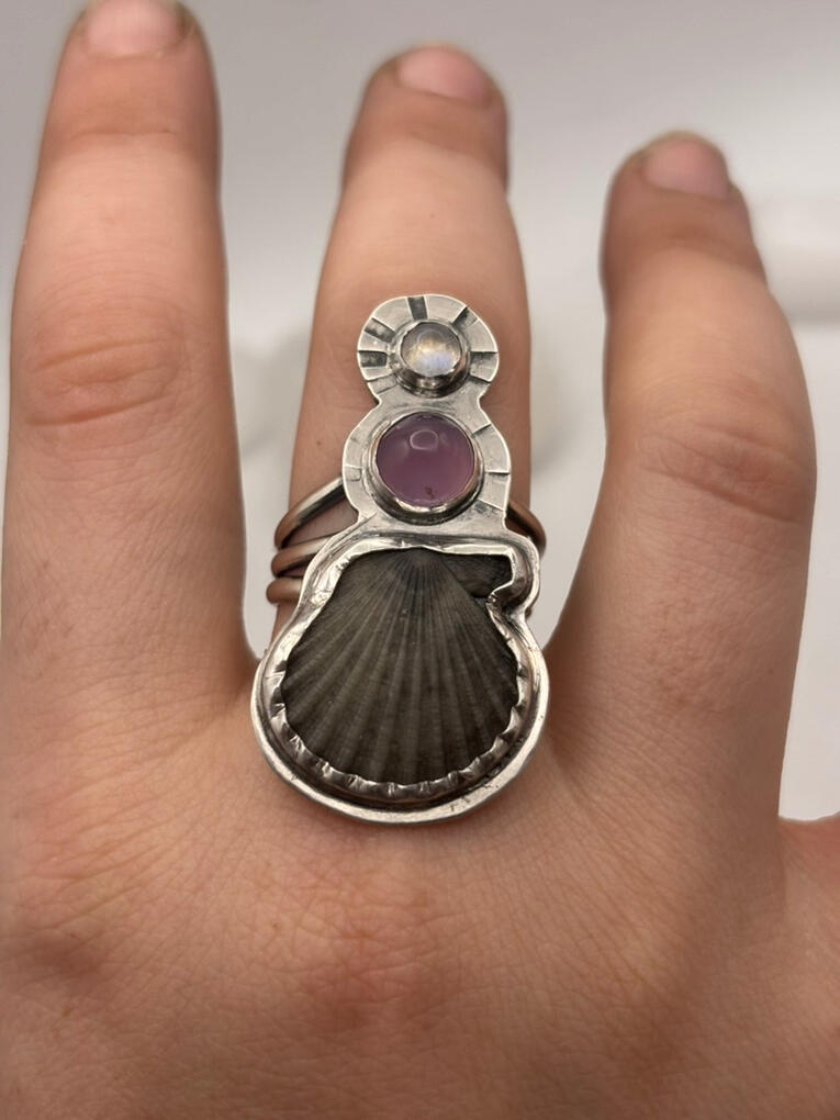 Stamped Sterling Silver Scallop Seashell, Purple Chalcedony, and Moonstone Ring