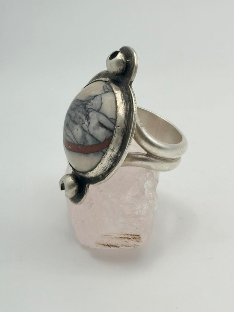 Sterling Silver Porcelain Jasper Ring with Crescent Moons