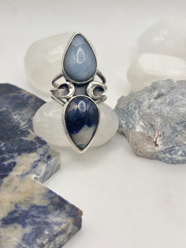Sterling Silver Sodalite and Angelite Ring with Crescent Moons