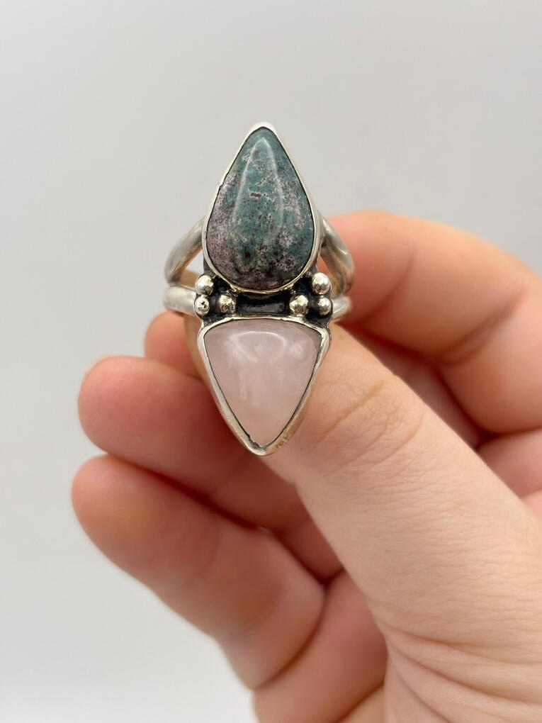 Sterling Silver Rose Quartz and Ocean Jasper Ring