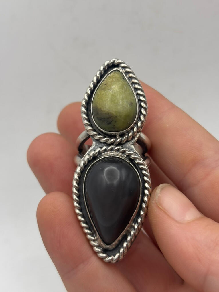 Sterling Silver Serpentine and Obsidian Ring