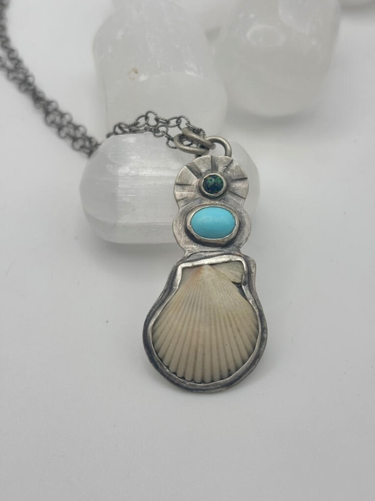 Sterling Silver Scallop Seashell, Turquoise, & Black Kyocera Opal Pendant