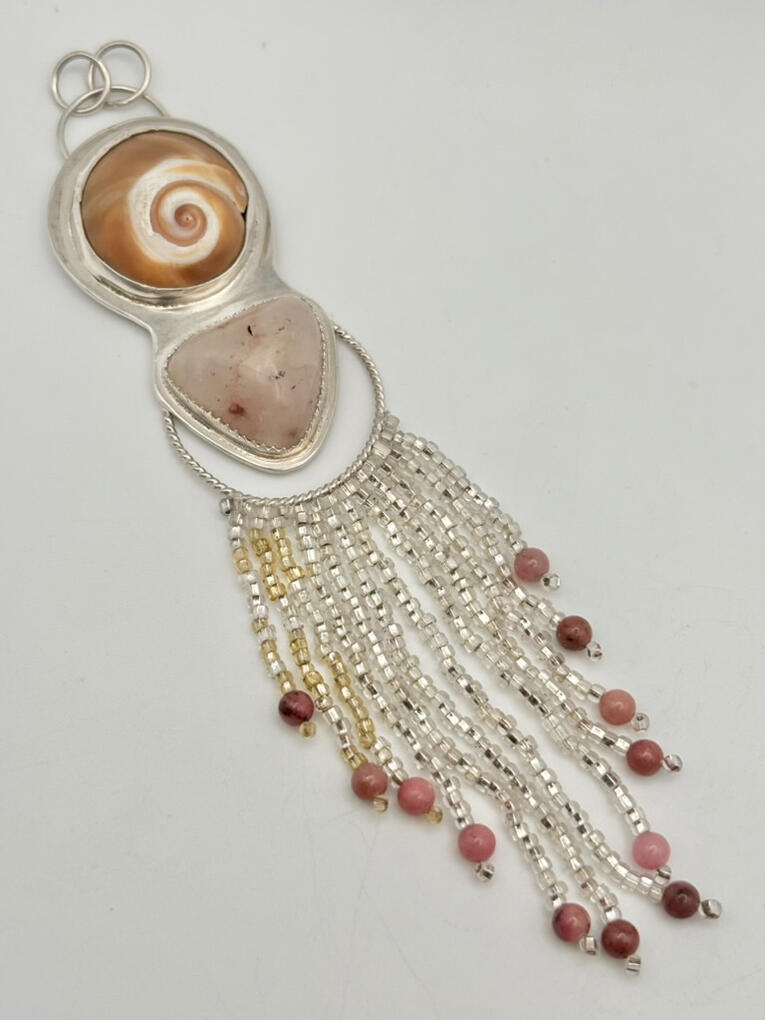 Moon Snail Seashell and Fire Quartz Pendant with Beaded Fringe and Rhodonite Beads