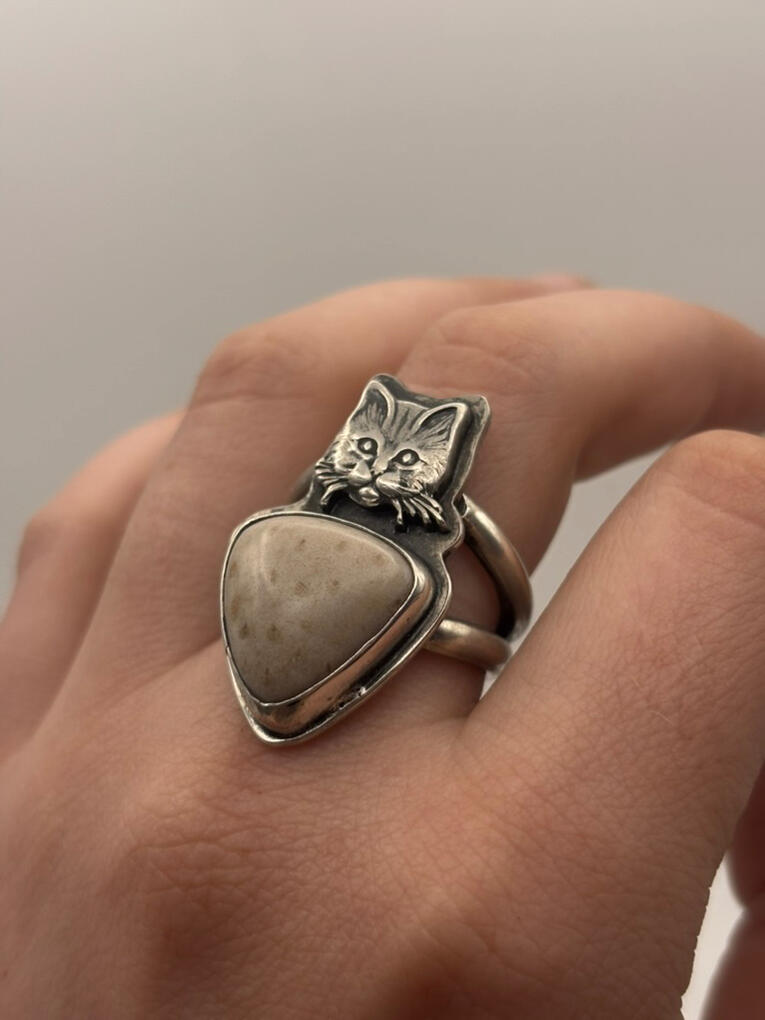 Sterling Silver Cat and Petrified Palm Wood Ring #2