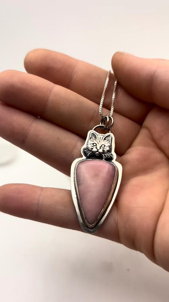 Sterling Silver Cat and Rhodochrosite Pendant