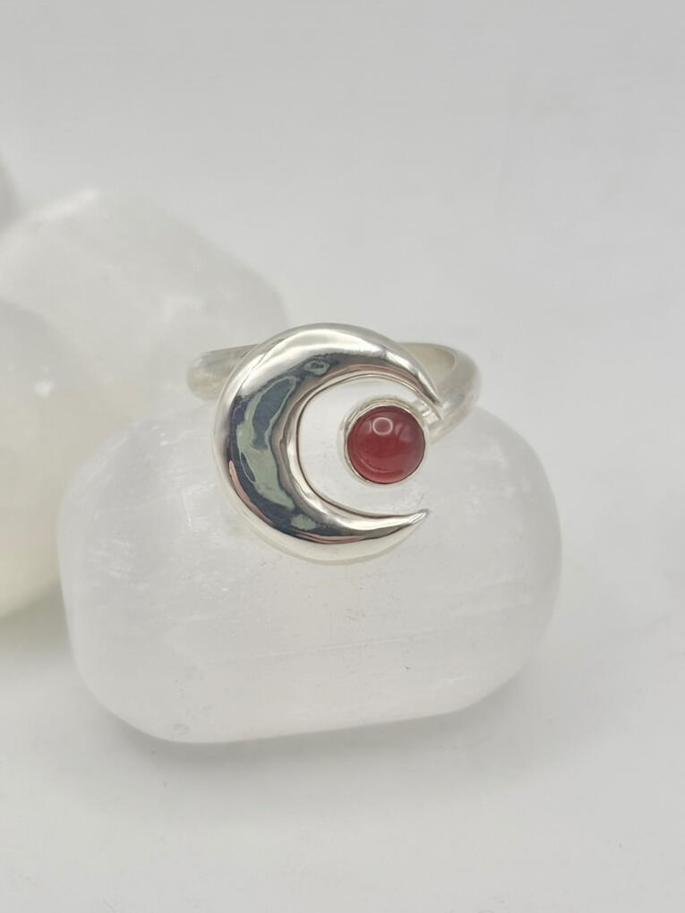 Sterling Silver Carnelian and Crescent Moon Ring