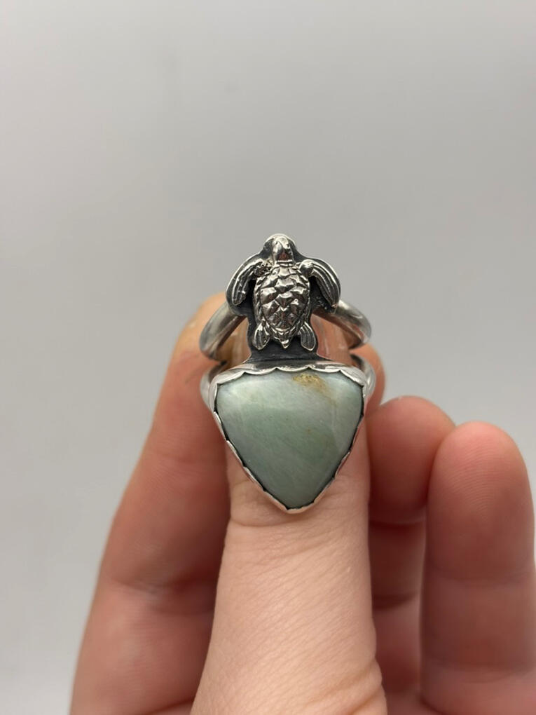 Sterling Silver Sea Turtle and Green Aventurine Ring