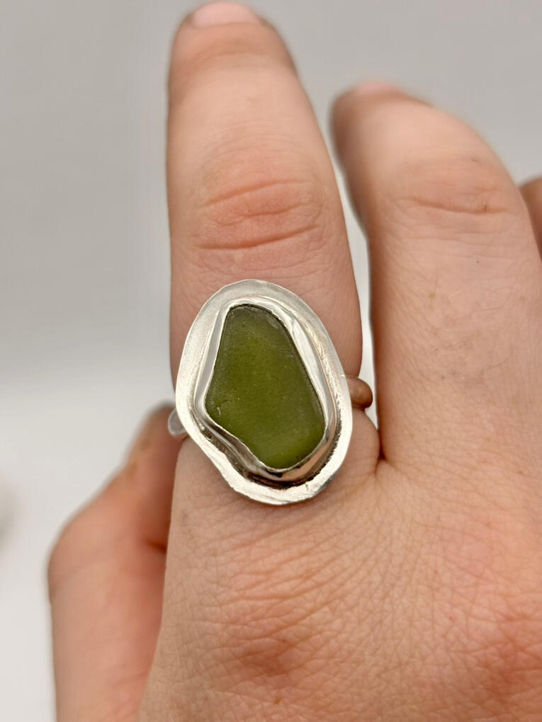 Sterling Silver Green Sea Glass Ring