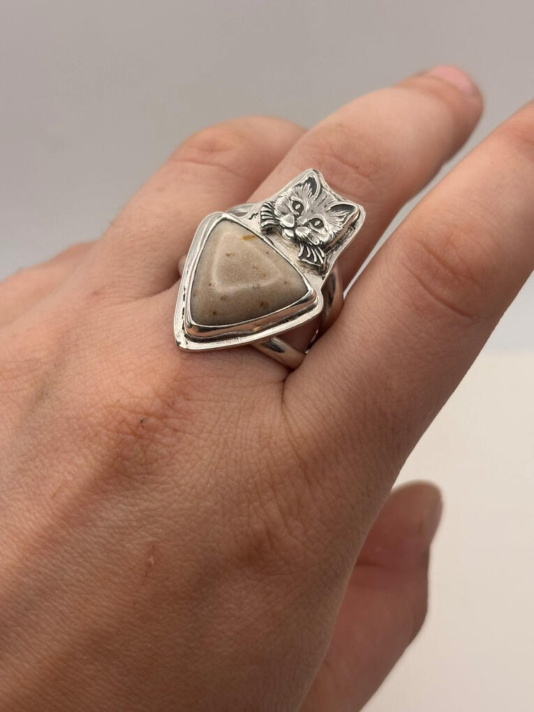 Sterling Silver Cat and Petrified Palm Wood Ring
