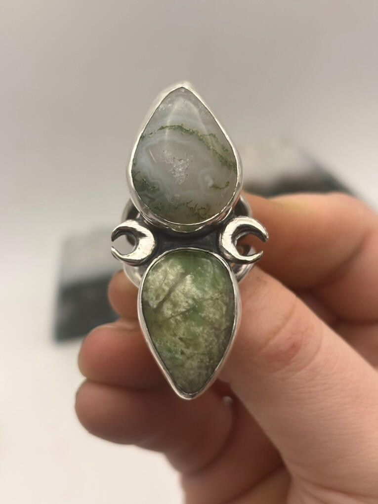 Sterling Silver Moss Agate and Jadeite Ring with Crescent Moons