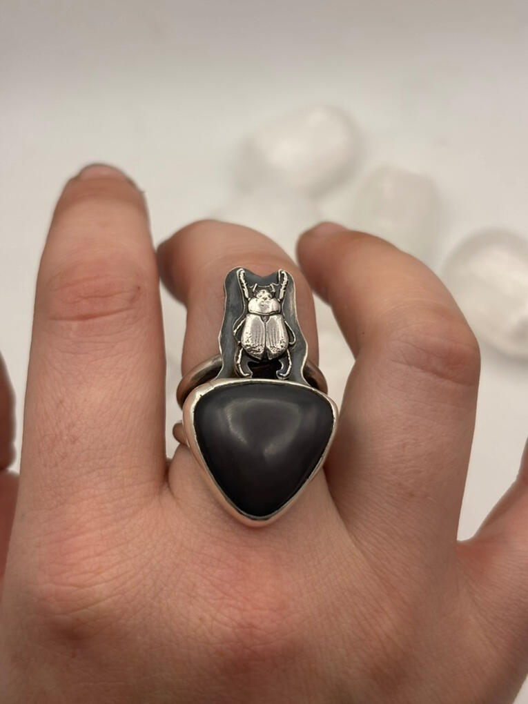 Sterling Silver Scarab and Obsidian Ring