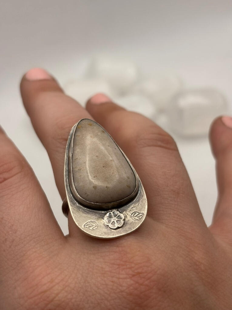 Sterling Silver Petrified Palm Ring with Flower