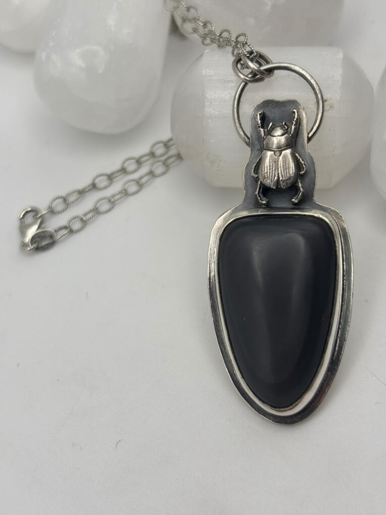 Sterling Silver Scarab and Obsidian Pendant
