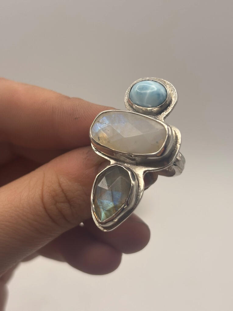 Sterling Silver Larimar, Moonstone, and Labradorite Ring