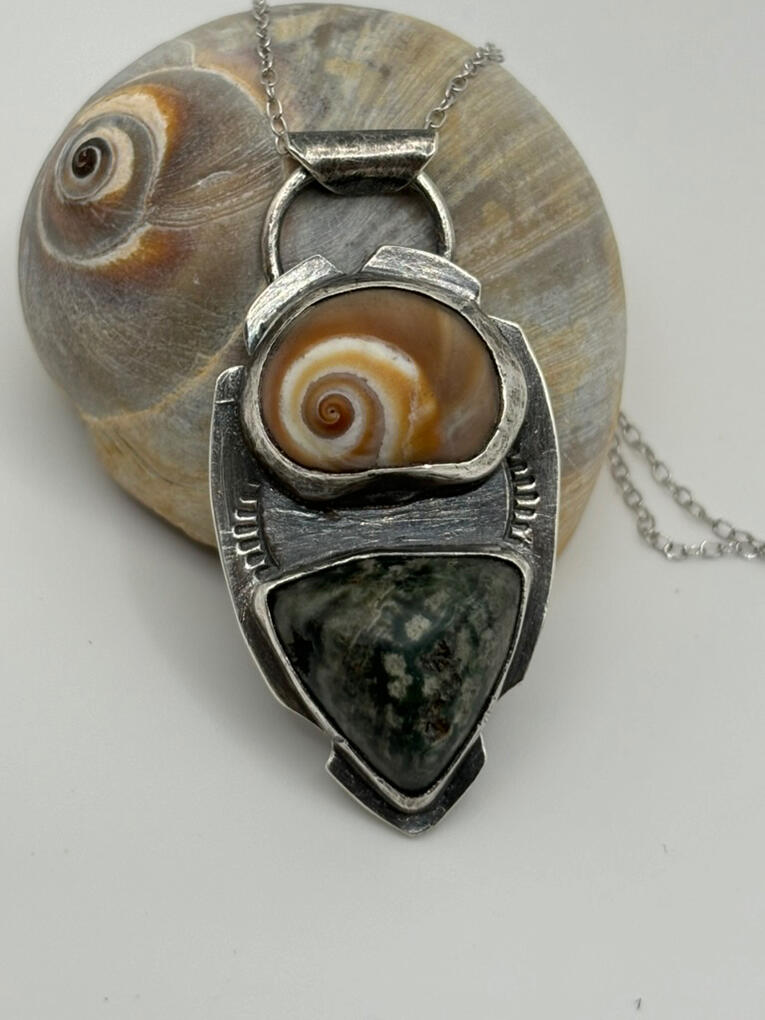 Stamped Sterling Silver Moon Snail Seashell and Ocean Jasper Pendant