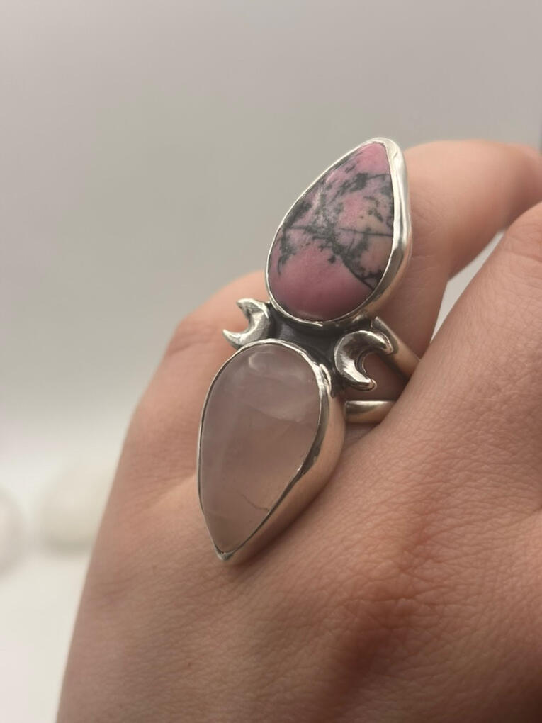 Sterling Silver Rose Quartz and Rhodonite Ring with Crescent Moons