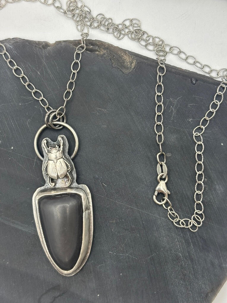 Sterling Silver Scarab and Obsidian Pendant #2